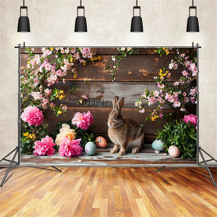 Easter Backdrop Pink Blooms Bunny Rustic Wooden Backdrop BRP12-421