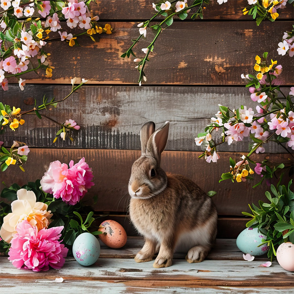 Easter Backdrop Pink Blooms Bunny Rustic Wooden Backdrop BRP12-421