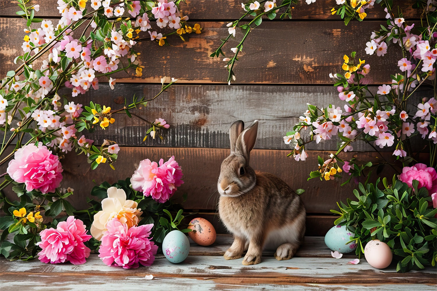 Easter Backdrop Pink Blooms Bunny Rustic Wooden Backdrop BRP12-421