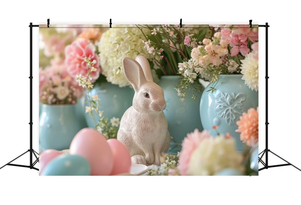 Photography Easter Backdrop Floral Bunny Statue Scene Backdrop BRP12-423