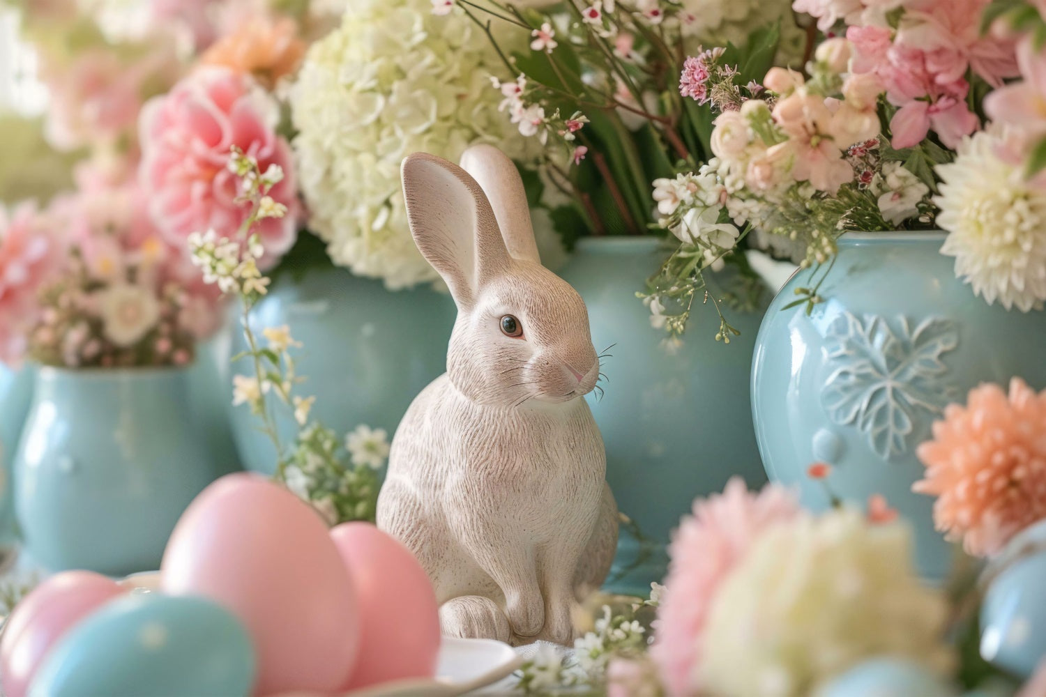 Photography Easter Backdrop Floral Bunny Statue Scene Backdrop BRP12-423