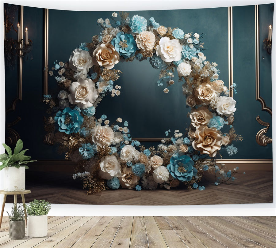 Maternity Backdrop Blue Gold White Floral Wreath Backdrop BRP12-43