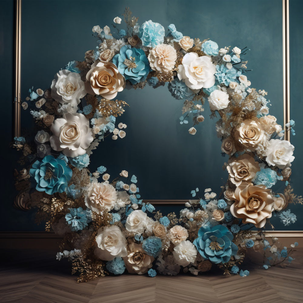 Maternity Backdrop Blue Gold White Floral Wreath Backdrop BRP12-43