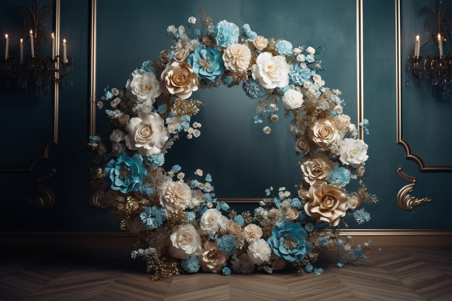 Maternity Backdrop Blue Gold White Floral Wreath Backdrop BRP12-43