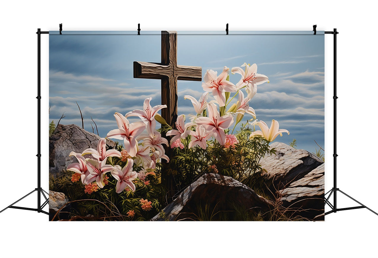 Easter Picture Backdrops Lilies Wooden Cross Photography Backdrop BRP12-433