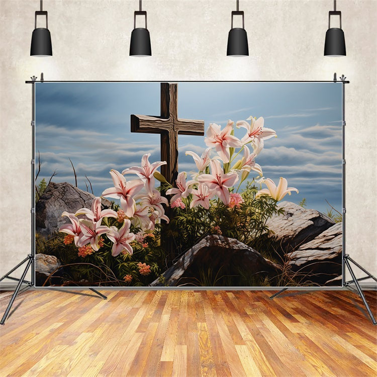 Easter Picture Backdrops Lilies Wooden Cross Photography Backdrop BRP12-433