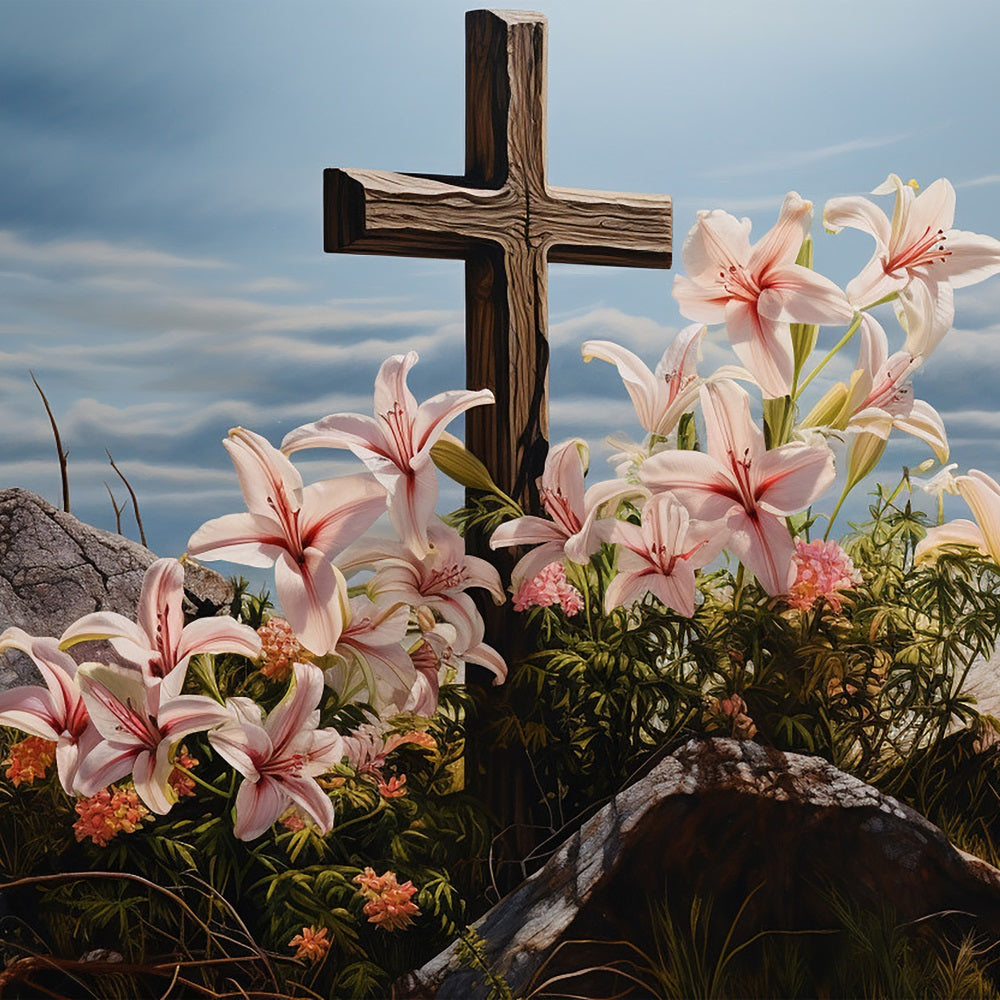 Easter Picture Backdrops Lilies Wooden Cross Photography Backdrop BRP12-433