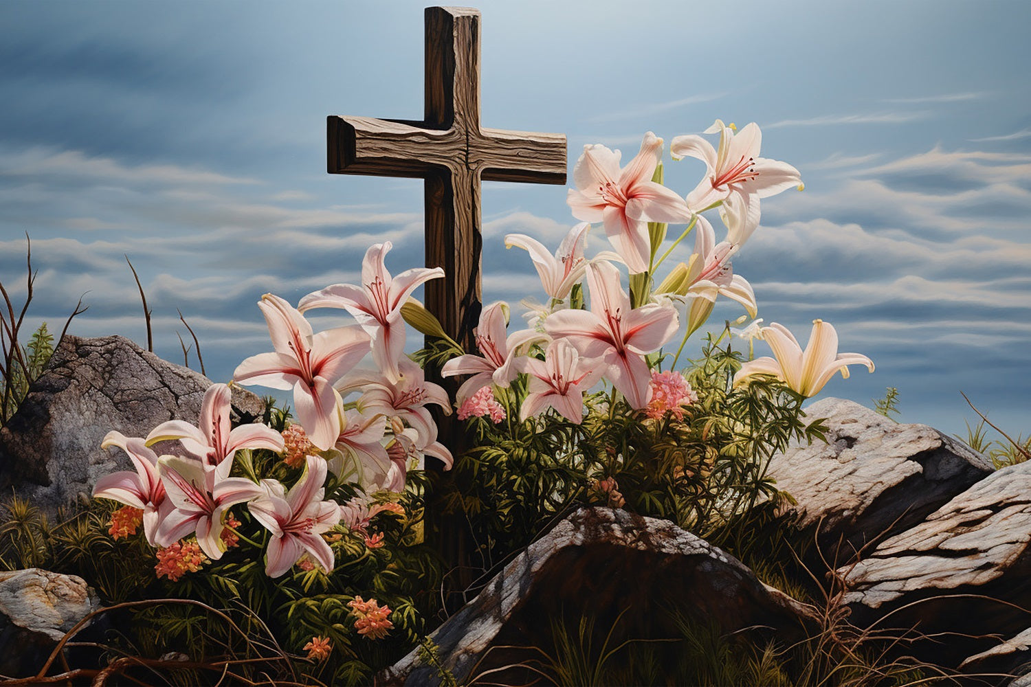 Easter Picture Backdrops Lilies Wooden Cross Photography Backdrop BRP12-433