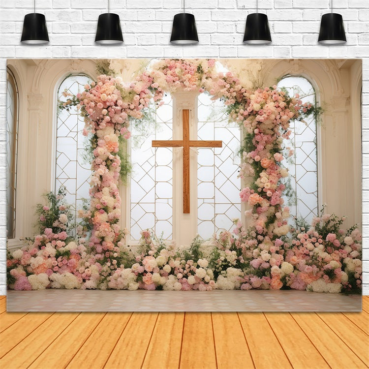 Easter Church Photo Backdrop Floral Cross Ceremony Backdrop BRP12-434