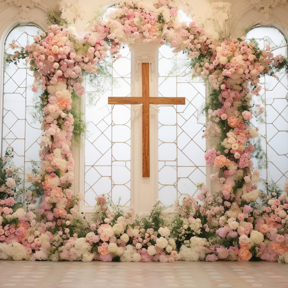 Easter Church Photo Backdrop Floral Cross Ceremony Backdrop BRP12-434