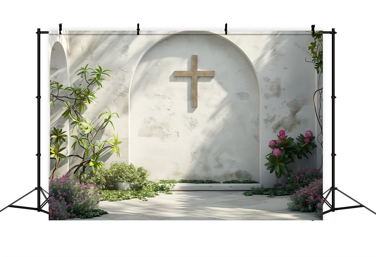 Easter Themed Backdrop White Arch Floral Cross Backdrop BRP12-435