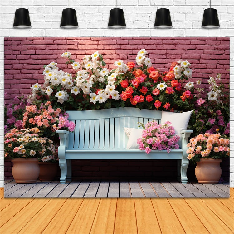 Backdrop Spring Elegant Floral Bench Brick Wall Backdrop BRP12-457