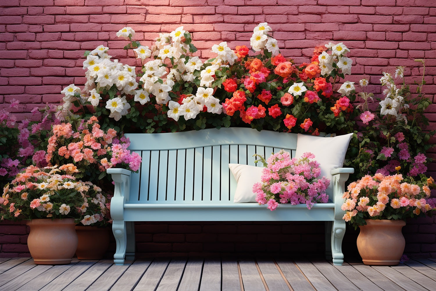 Backdrop Spring Elegant Floral Bench Brick Wall Backdrop BRP12-457