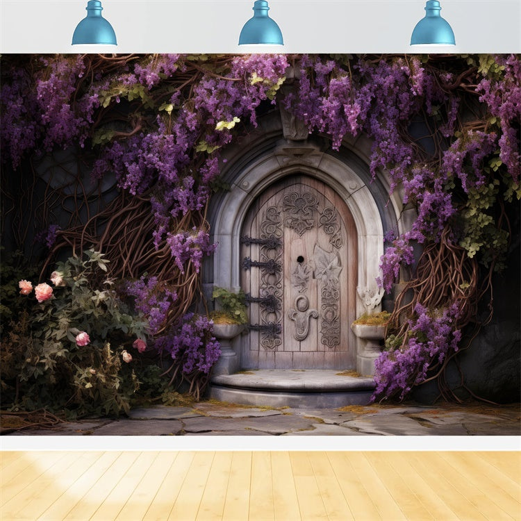 Spring Photo Backdrops Romantic Wisteria Wooden Door Backdrop BRP12-461