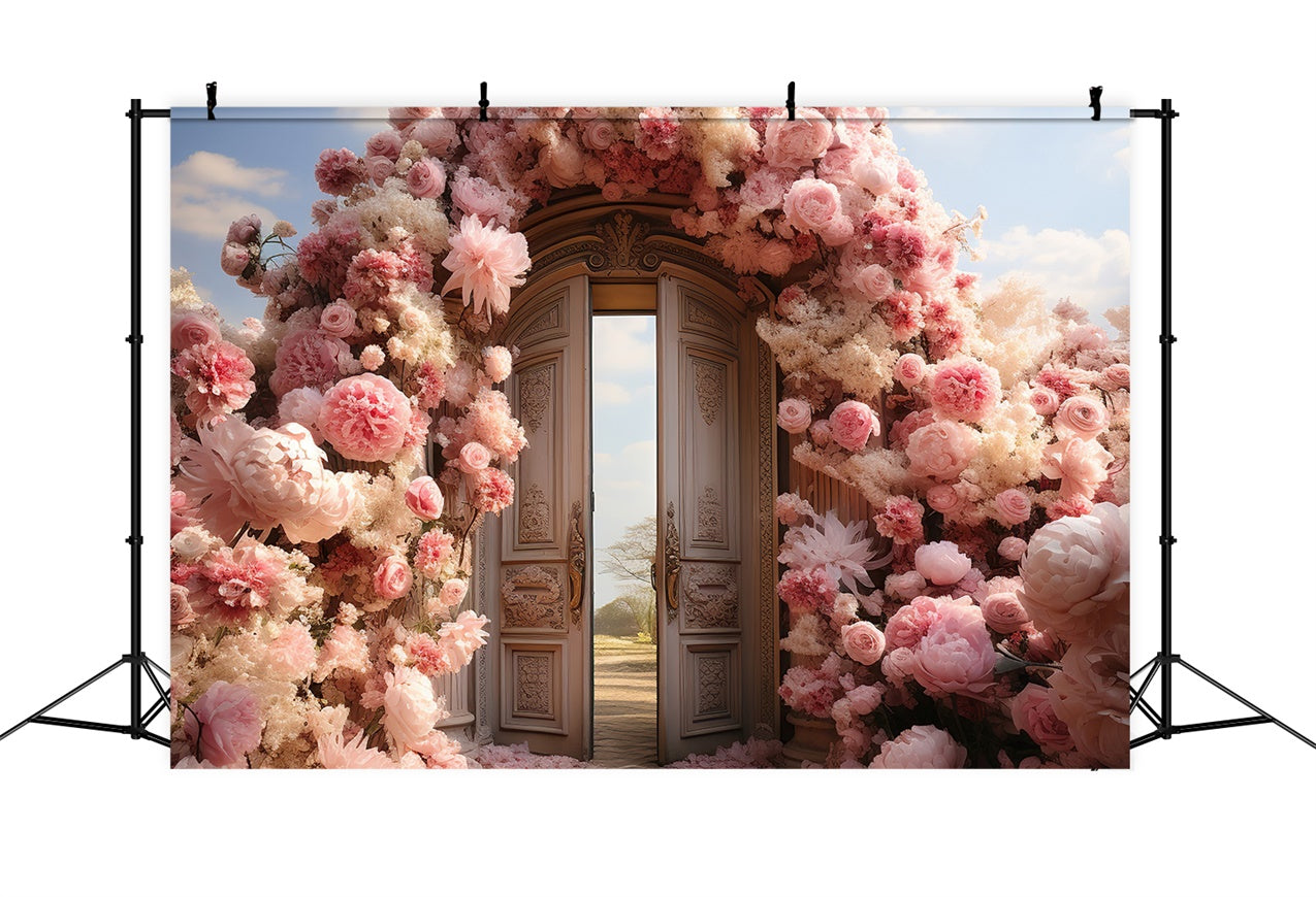 Spring Backdrops Enchanted Garden Doors Pink Flowers Backdrop BRP12-463