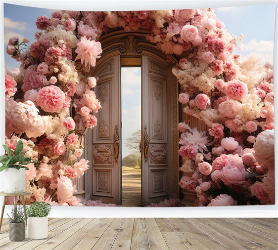 Spring Backdrops Enchanted Garden Doors Pink Flowers Backdrop BRP12-463