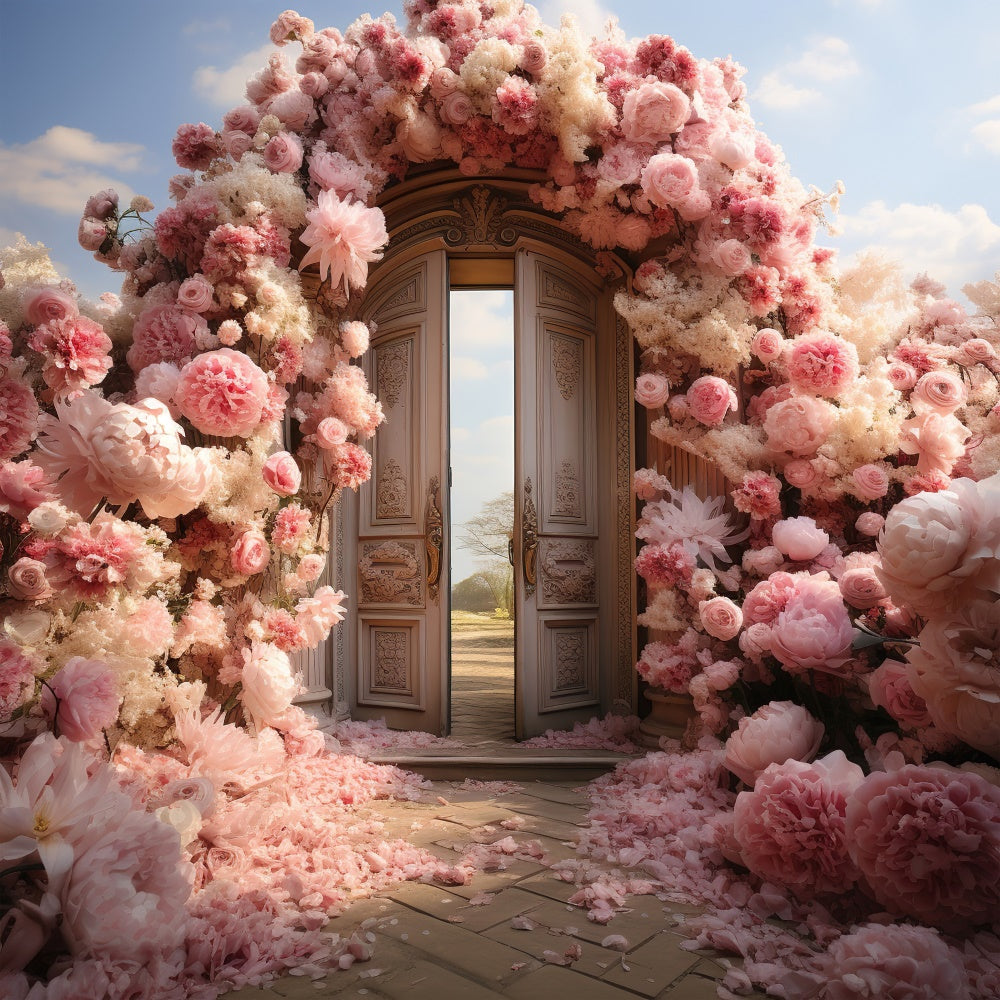 Spring Backdrops Enchanted Garden Doors Pink Flowers Backdrop BRP12-463