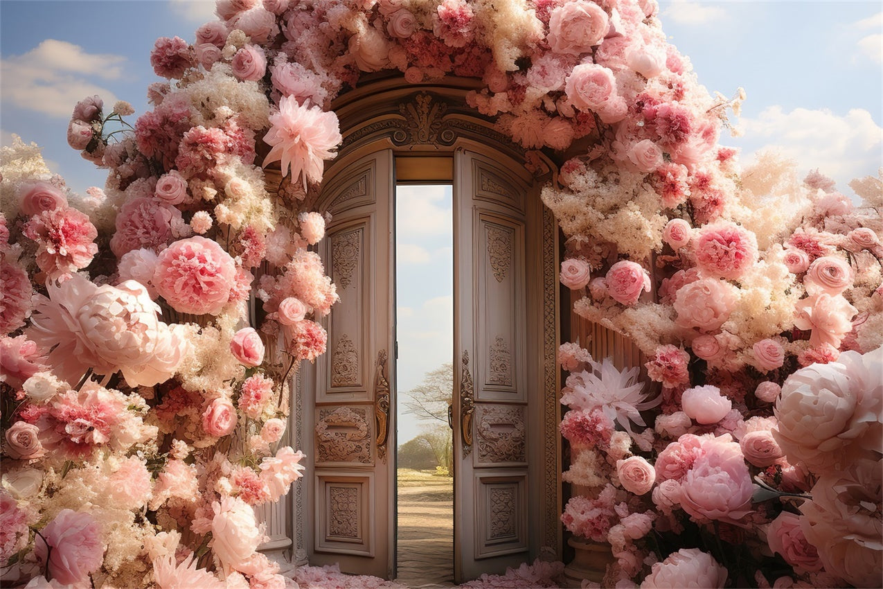 Spring Backdrops Enchanted Garden Doors Pink Flowers Backdrop BRP12-463