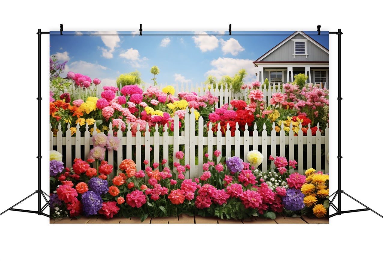 Spring Photography Backdrop Bright Blossoms White Fence Backdrop BRP12-474