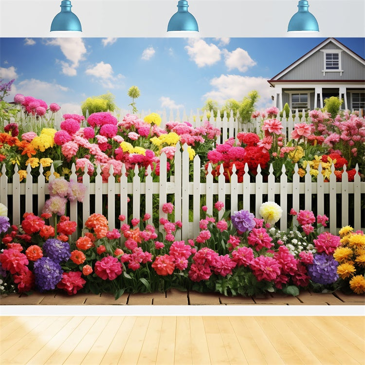 Spring Photography Backdrop Bright Blossoms White Fence Backdrop BRP12-474