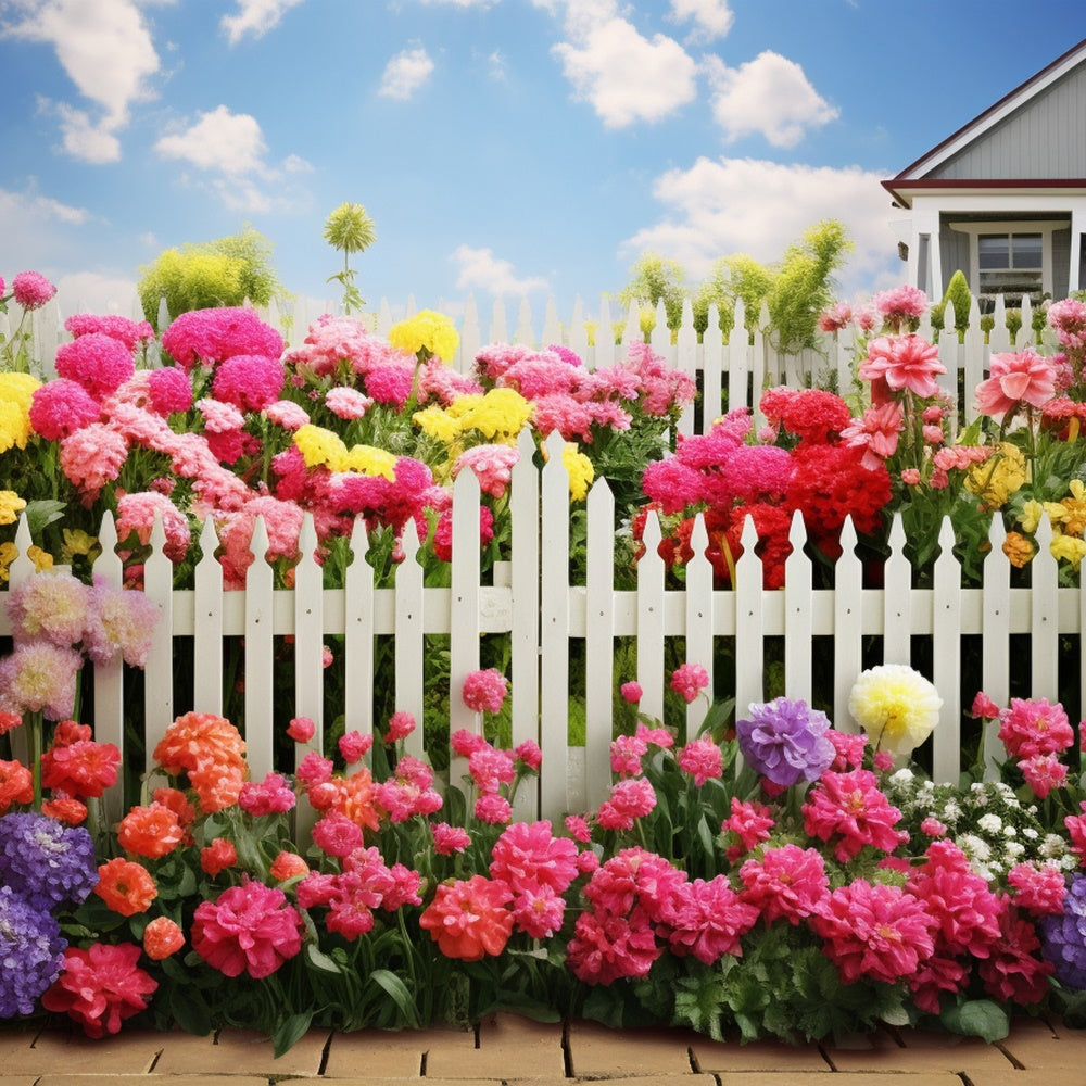 Spring Photography Backdrop Bright Blossoms White Fence Backdrop BRP12-474