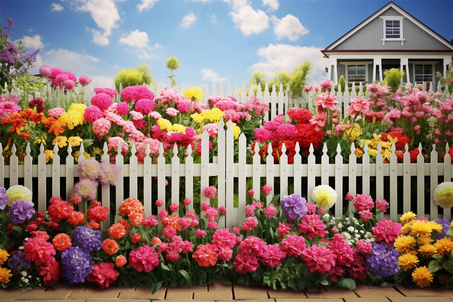 Spring Photography Backdrop Bright Blossoms White Fence Backdrop BRP12-474