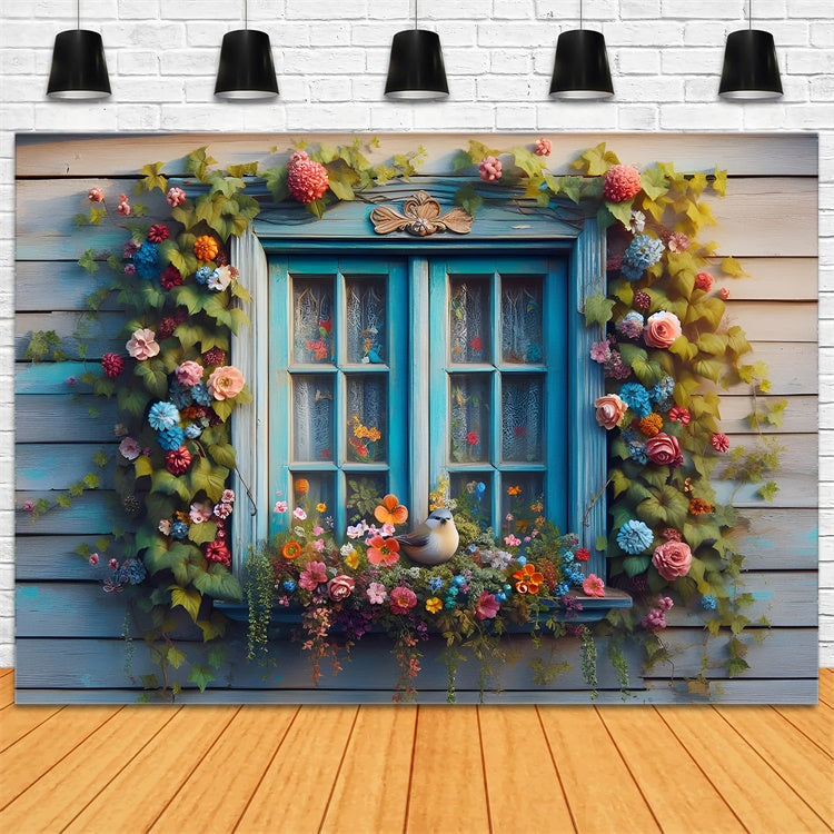 Spring Backdrop Rustic Blue Window Blooming Flowers Backdrop BRP12-475