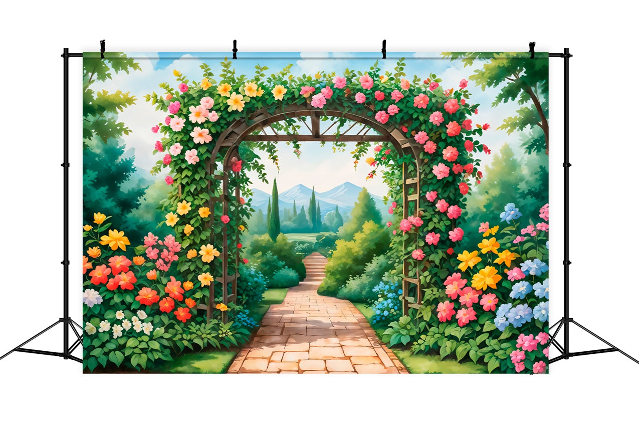 Backdrops Spring Blooming Garden Path Vibrant Flowers Backdrop BRP12-476