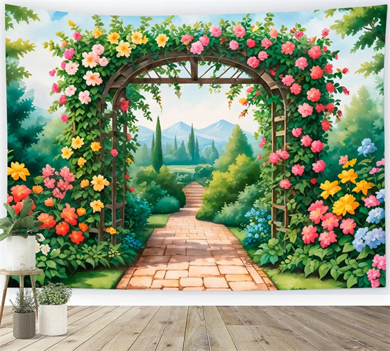 Backdrops Spring Blooming Garden Path Vibrant Flowers Backdrop BRP12-476