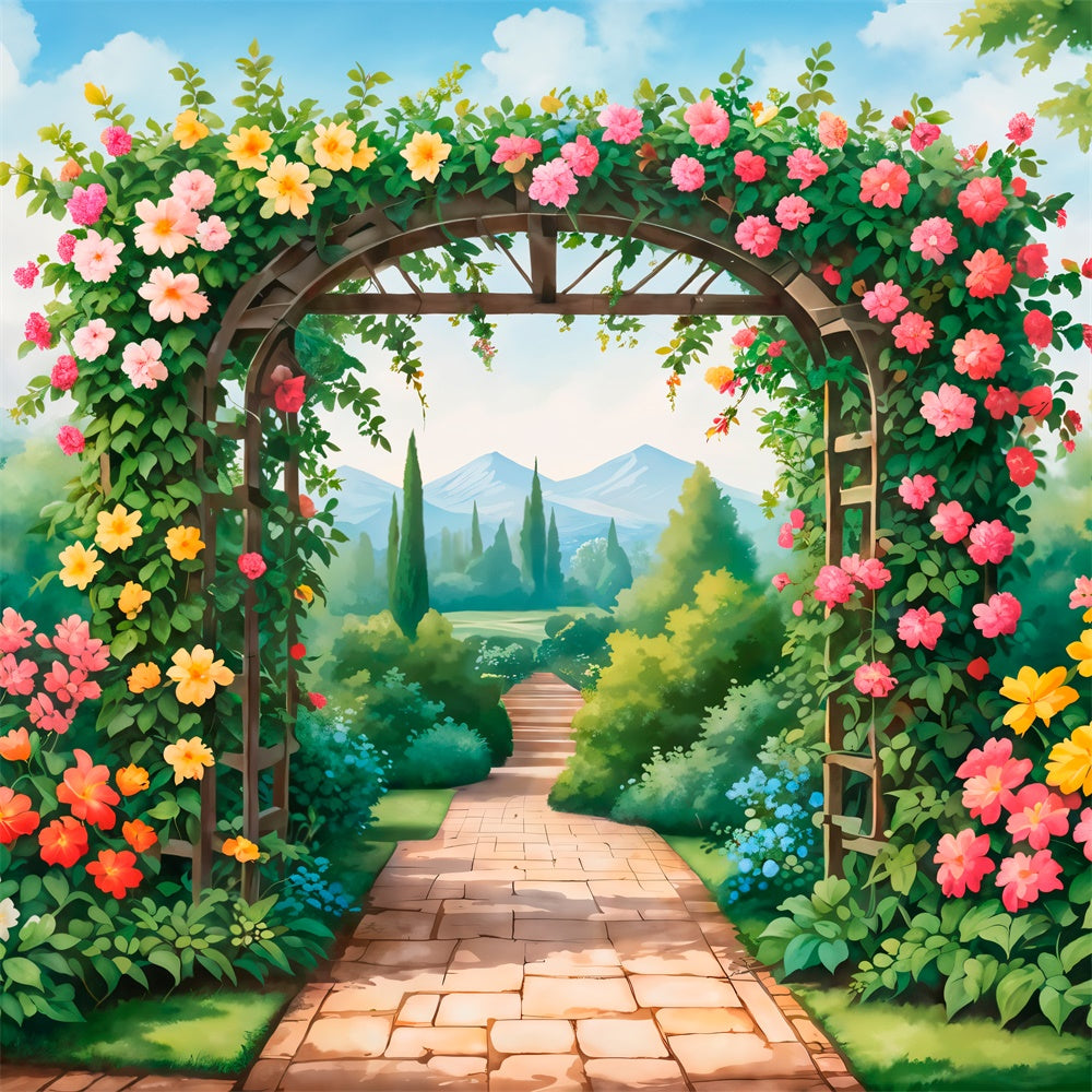 Backdrops Spring Blooming Garden Path Vibrant Flowers Backdrop BRP12-476