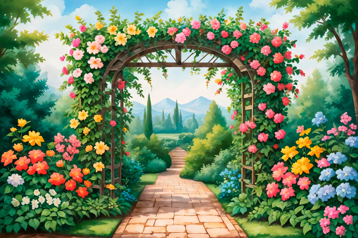 Backdrops Spring Blooming Garden Path Vibrant Flowers Backdrop BRP12-476