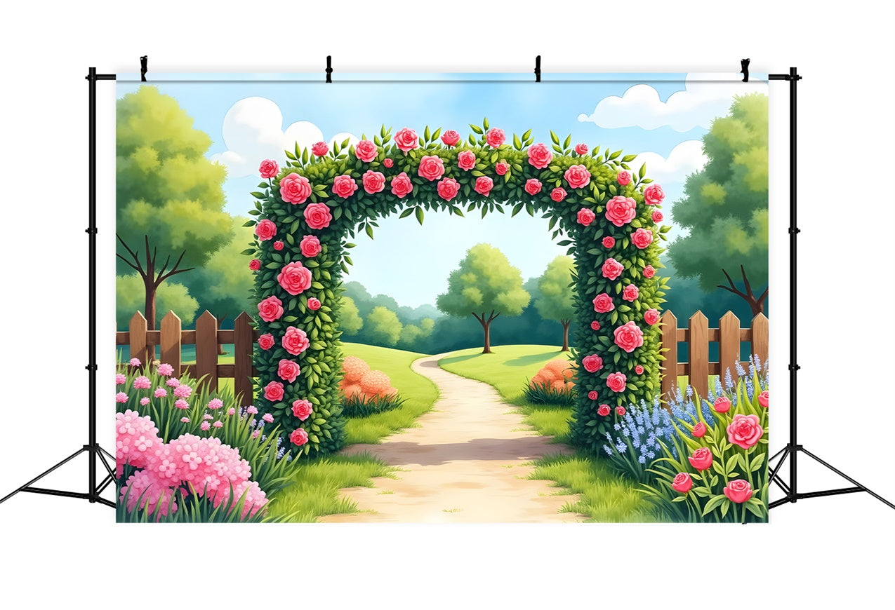 Spring Backdrops Blooming Garden Path Pink Roses Backdrop BRP12-477