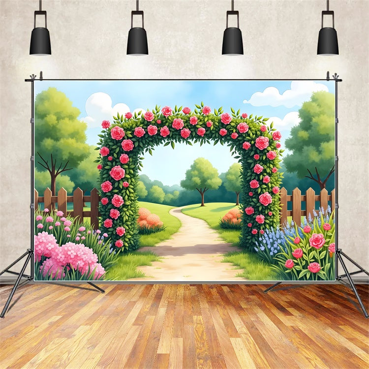 Spring Backdrops Blooming Garden Path Pink Roses Backdrop BRP12-477