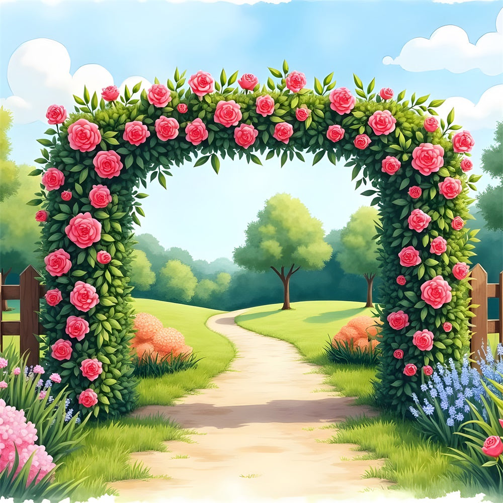 Spring Backdrops Blooming Garden Path Pink Roses Backdrop BRP12-477