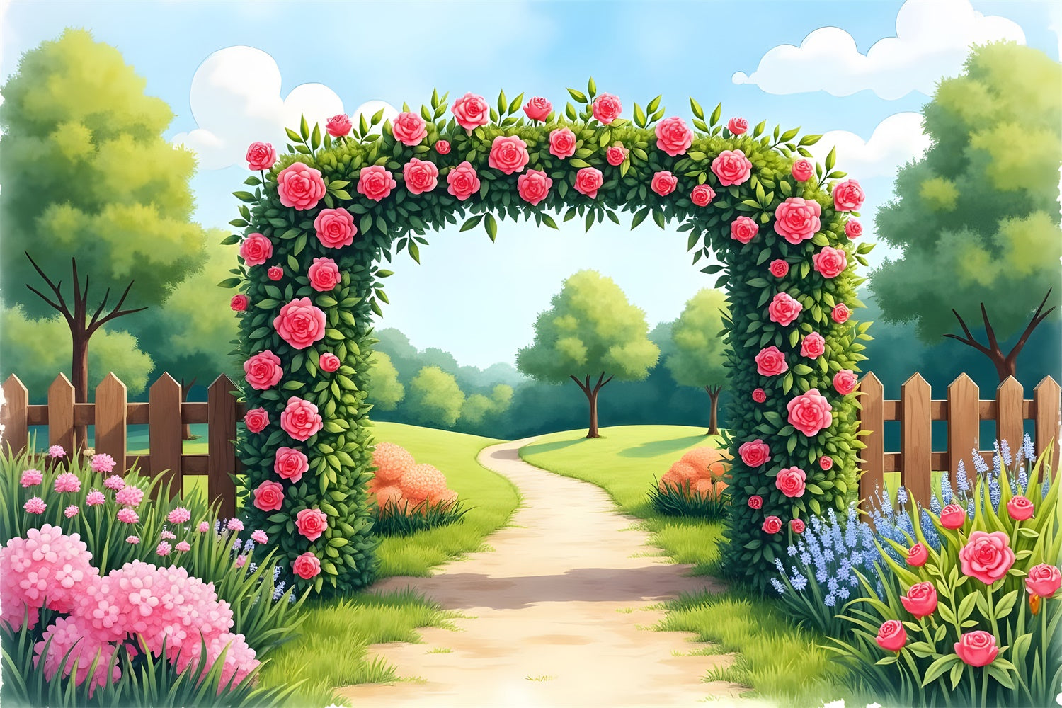 Spring Backdrops Blooming Garden Path Pink Roses Backdrop BRP12-477