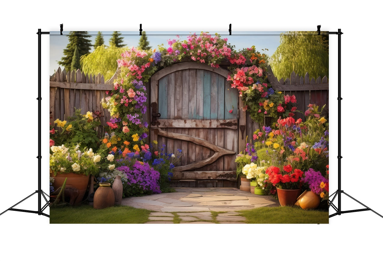 Spring Backdrop Rustic Wooden Gate Colorful Flower Backdrop BRP12-483