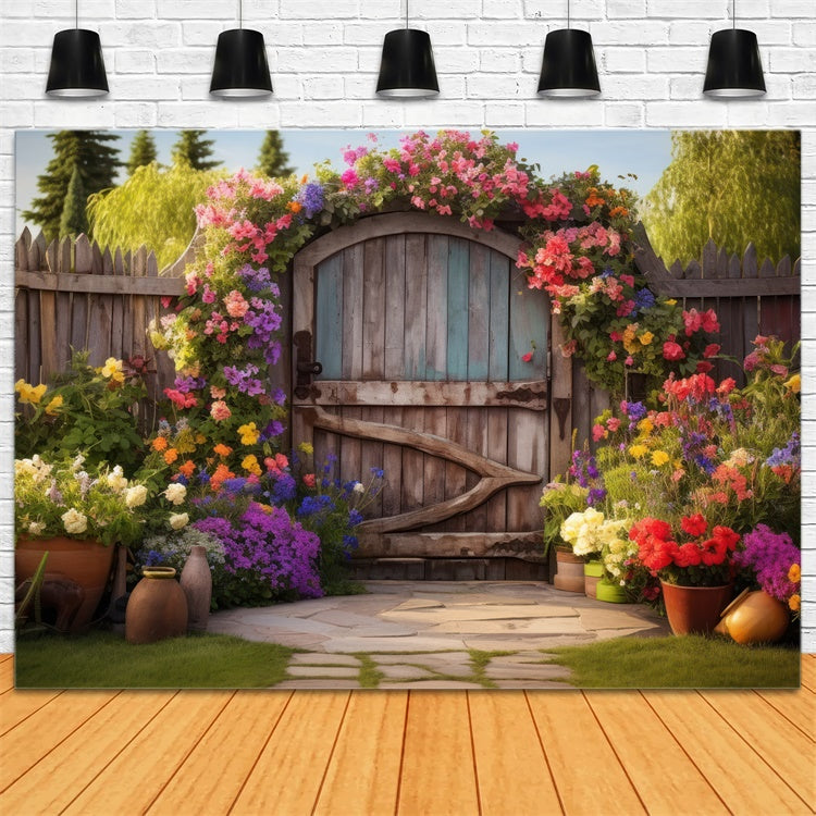 Spring Backdrop Rustic Wooden Gate Colorful Flower Backdrop BRP12-483