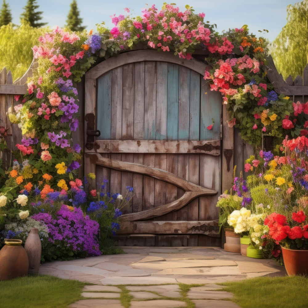 Spring Backdrop Rustic Wooden Gate Colorful Flower Backdrop BRP12-483