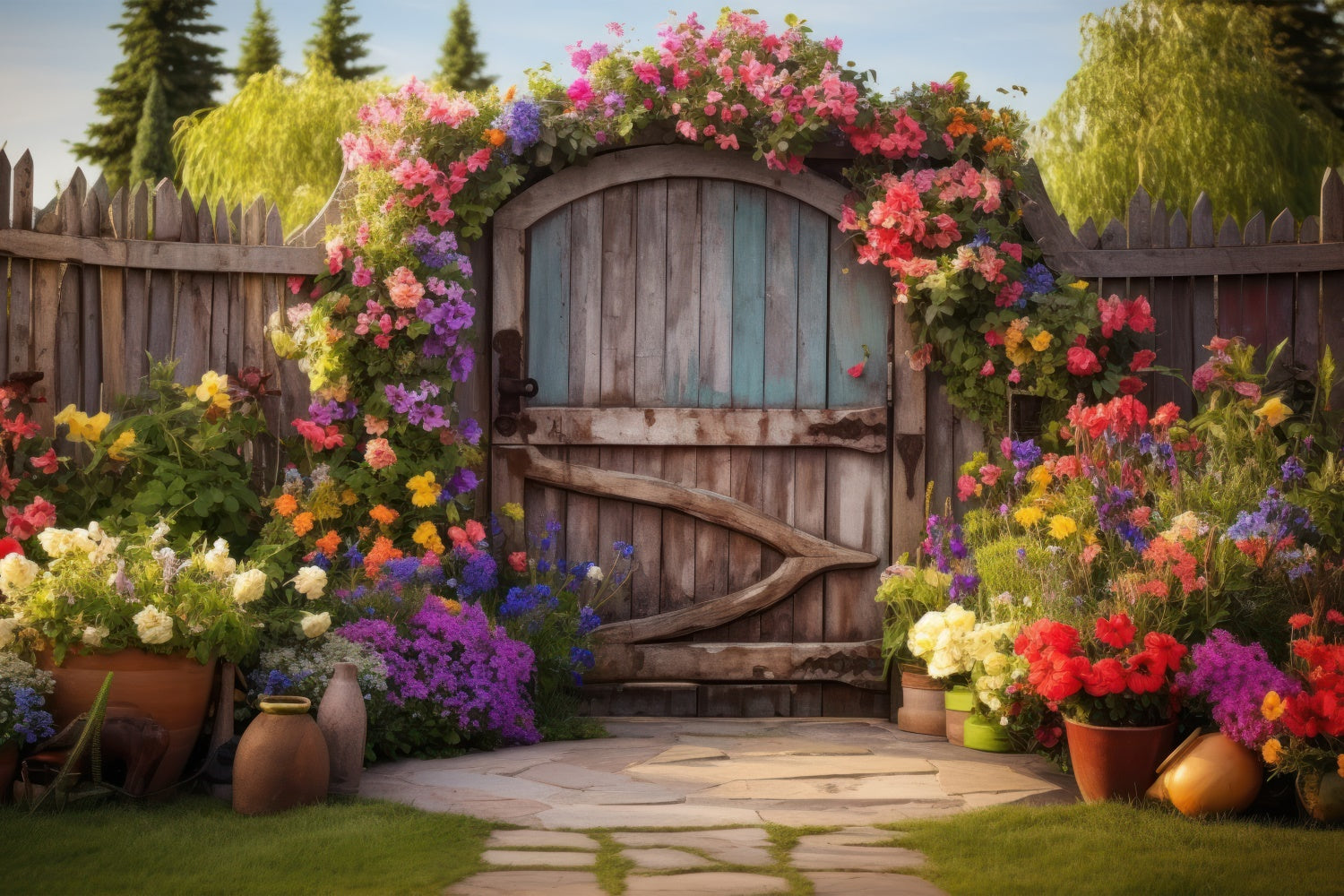 Spring Backdrop Rustic Wooden Gate Colorful Flower Backdrop BRP12-483