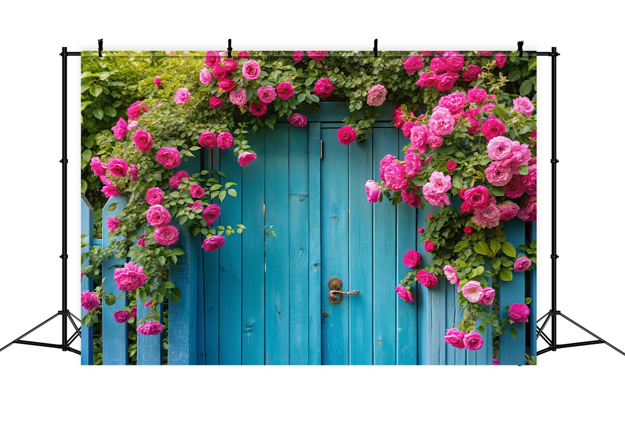 Spring Photo Backdrop Pink Roses Vintage Blue Gate Backdrop BRP12-489