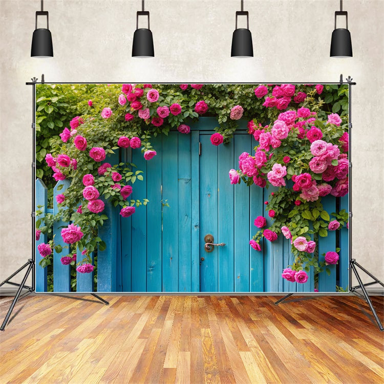 Spring Photo Backdrop Pink Roses Vintage Blue Gate Backdrop BRP12-489