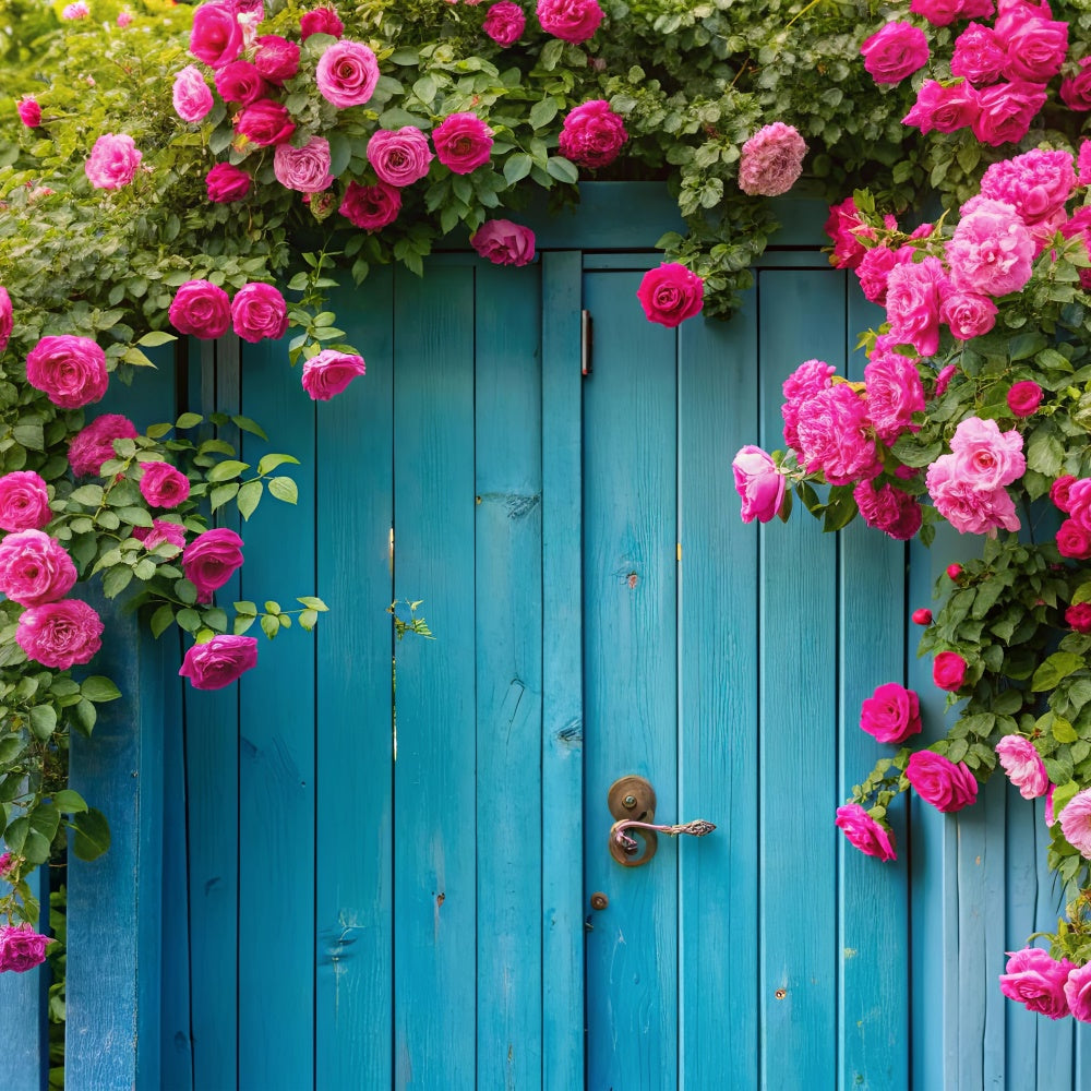 Spring Photo Backdrop Pink Roses Vintage Blue Gate Backdrop BRP12-489