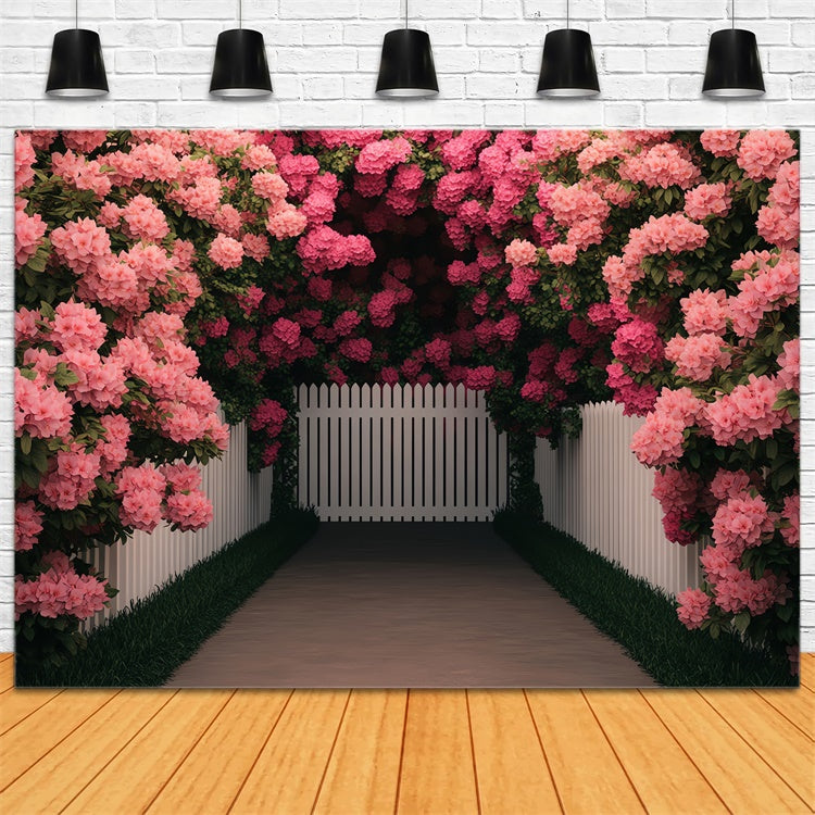 Spring Photo Backdrops Pink Floral White Fence Backdrop BRP12-491