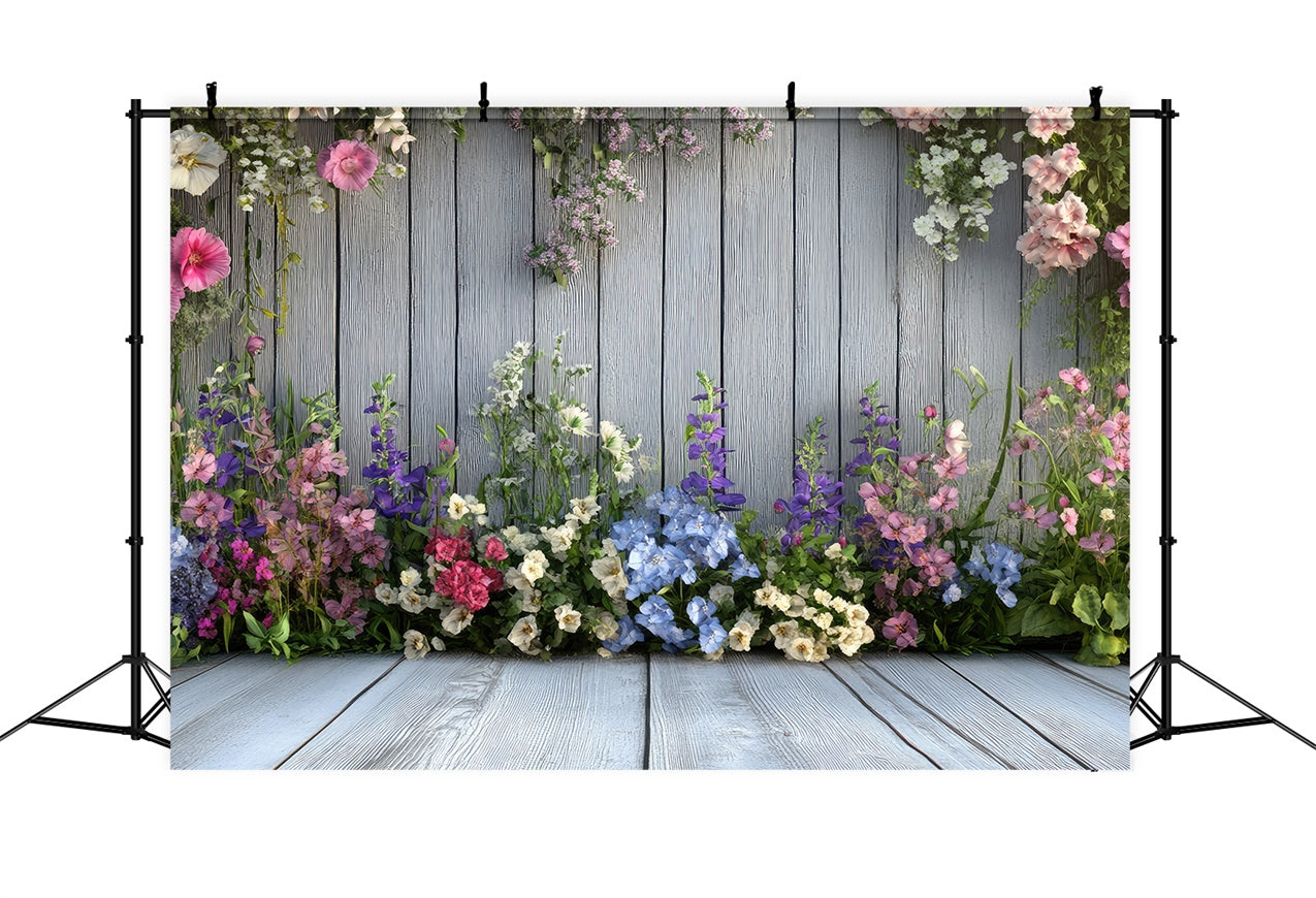 Spring Backdrop Photography Blue Wooden Wall Blooms Backdrop BRP12-497