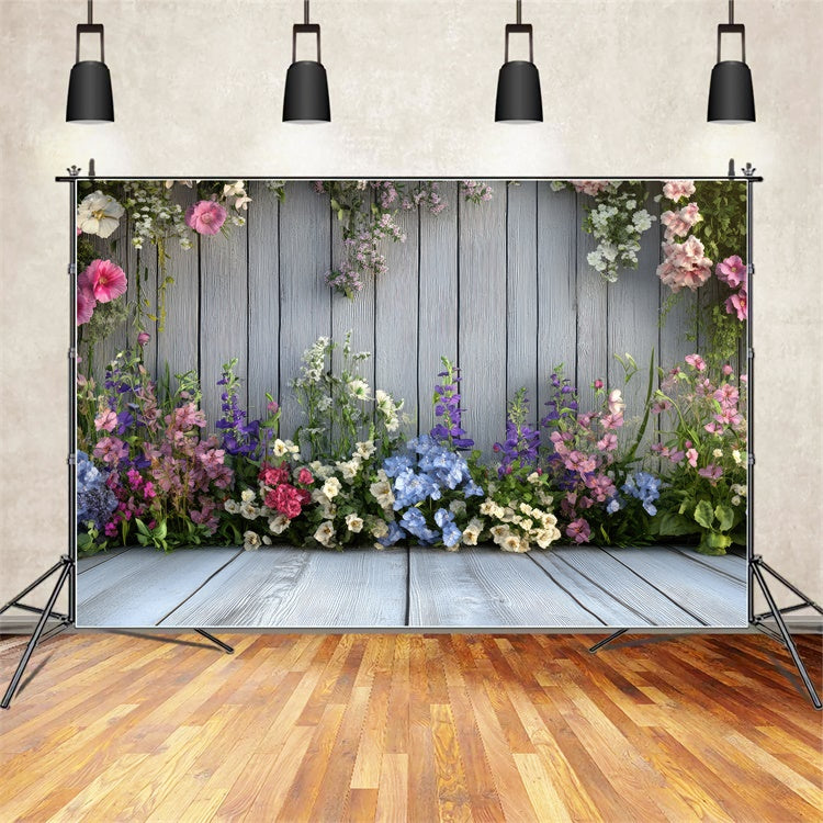 Spring Backdrop Photography Blue Wooden Wall Blooms Backdrop BRP12-497