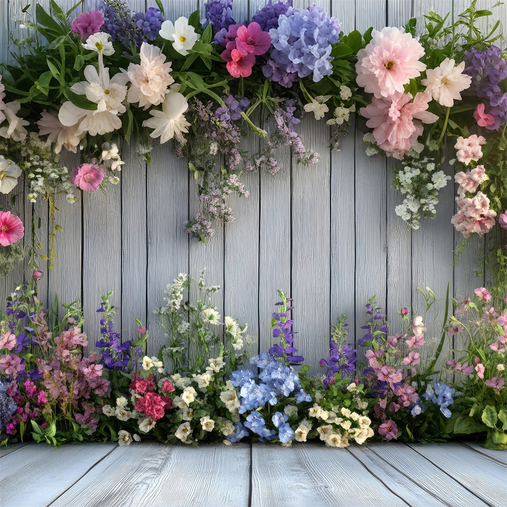 Spring Backdrop Photography Blue Wooden Wall Blooms Backdrop BRP12-497