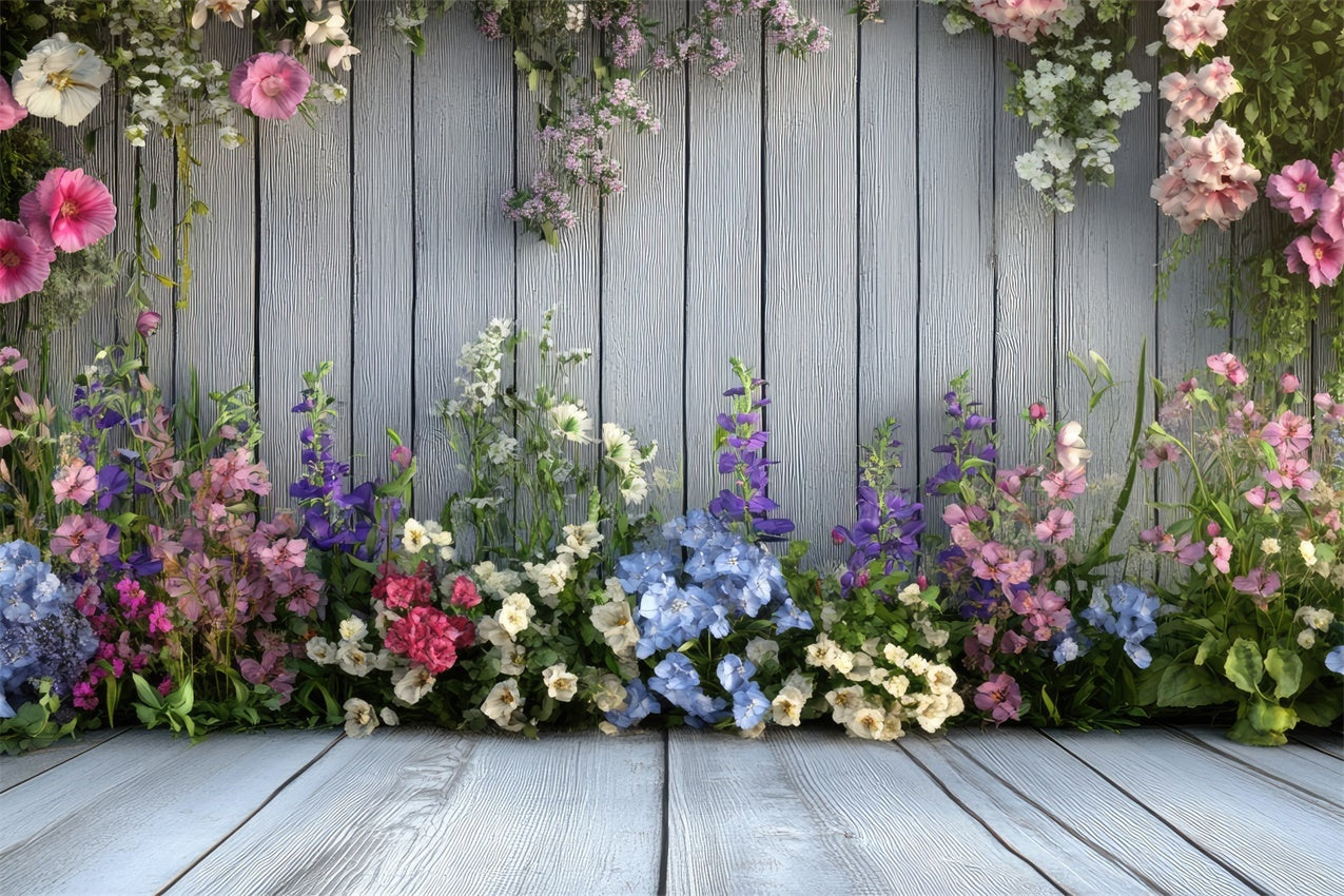 Spring Backdrop Photography Blue Wooden Wall Blooms Backdrop BRP12-497