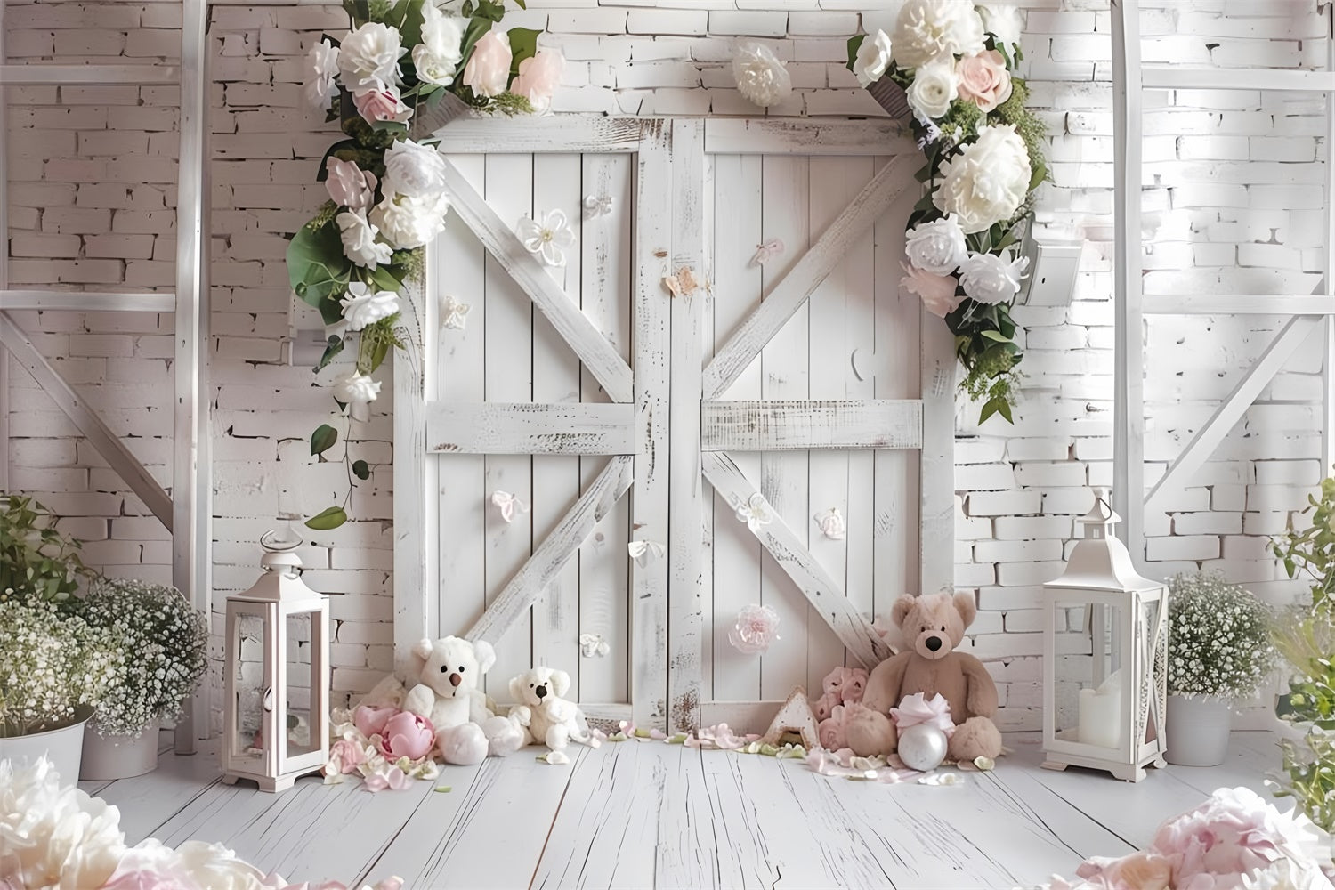 Photography Spring Backdrops Barn Door Floral Teddy Backdrop BRP12-505