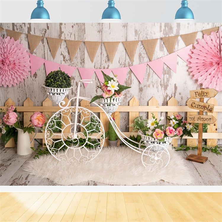 Spring Picture Backdrops Floral Bicycle Fence Party Backdrop BRP12-506