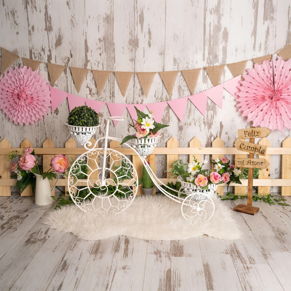 Spring Picture Backdrops Floral Bicycle Fence Party Backdrop BRP12-506